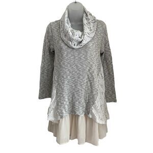Altar'd State XS Blouse Tunic Top Cowl Neck Eyelet Lace Gray Flowy